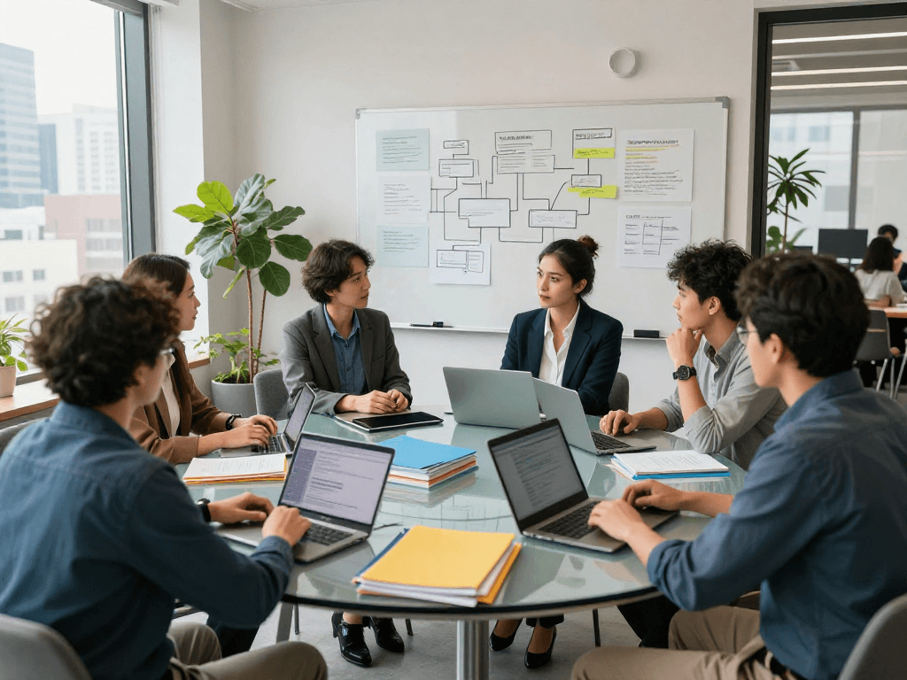 Team brainstorming with IDXSTAR in a modern co-working space, showcasing collaboration and innovation.