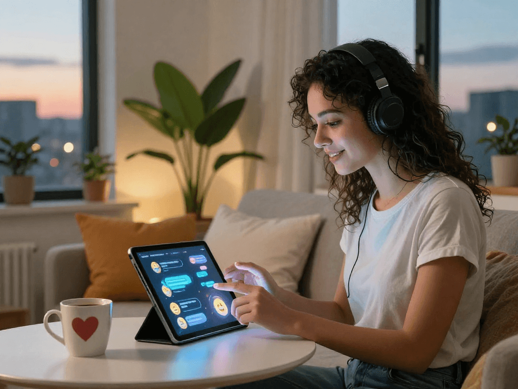 Interacting with an AI girlfriend on tablet in cozy apartment setting