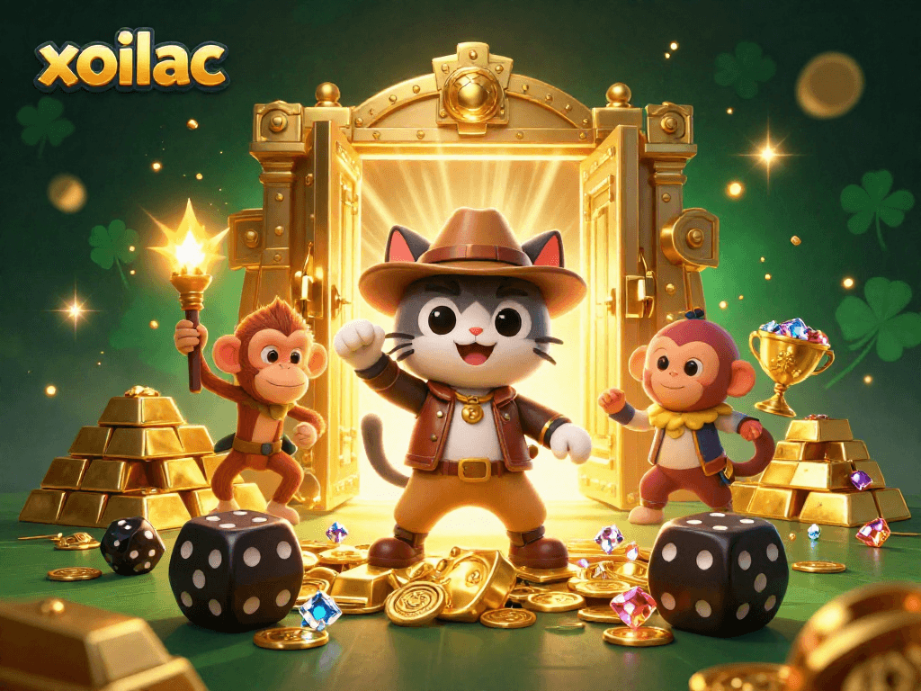 Experience xoilac's golden treasure vault with an archaeologist cat and monkey in an energetic casino scene.