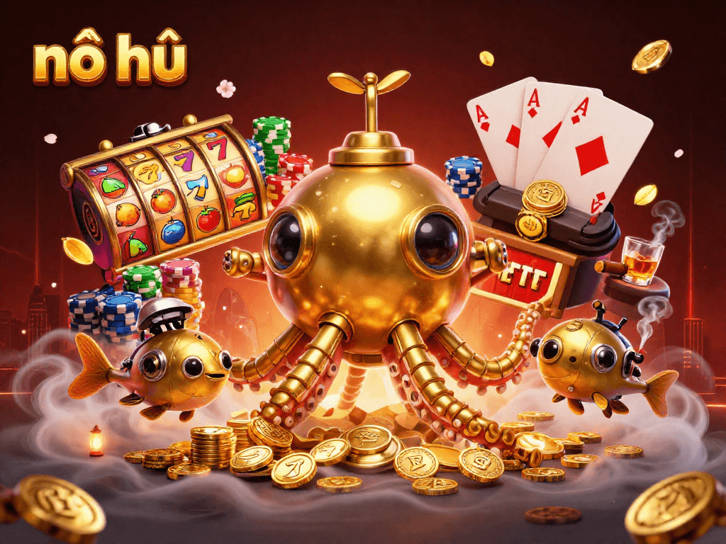 Experience the thrill of nổ hũ with a golden kraken submarine amidst coins and colossal slot reels.