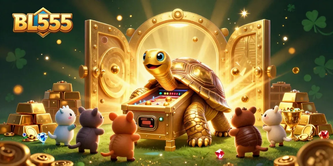 Engage with BL555's exciting gaming experience as small animals queue to play with the colossal golden tortoise-themed pinball machine.