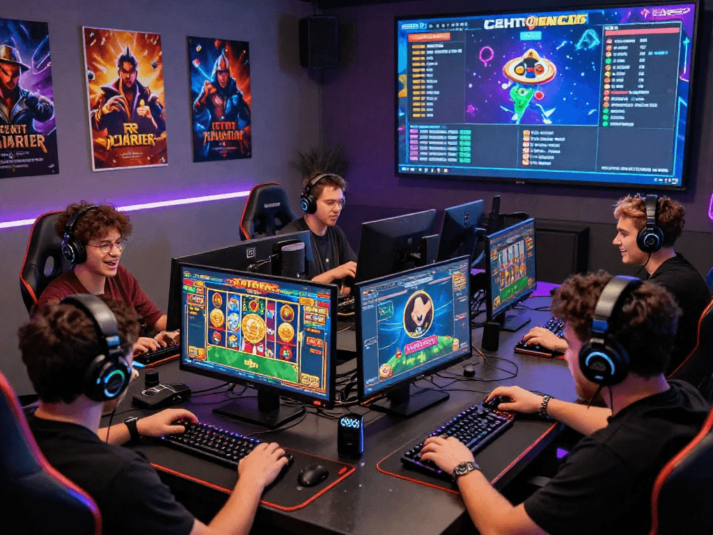 Players enthusiastically engaging in a live-streamed crypto casino game, surrounded by vibrant screens and gaming gear.