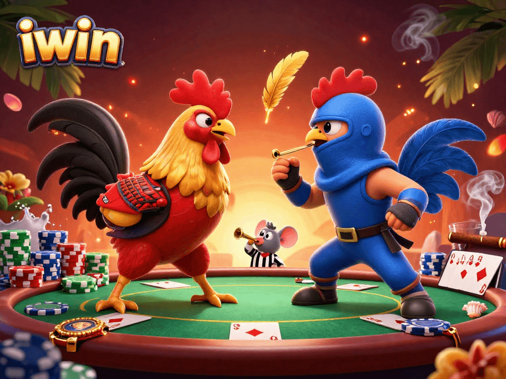 Engage in thrilling poker battles with iwin as fighting rooster champions face off surrounded by vibrant casino elements.