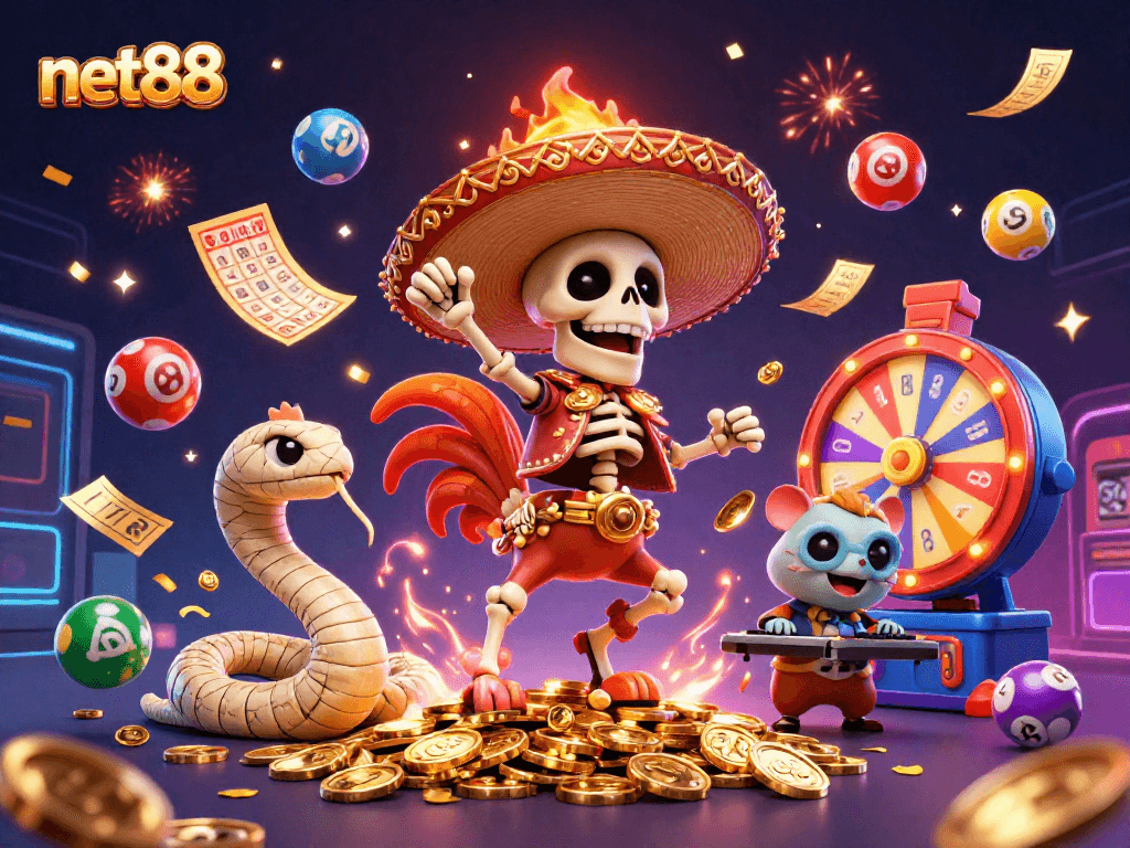 Experience thrilling wins with net88's vibrant casino scene, featuring animated characters and lively game elements.