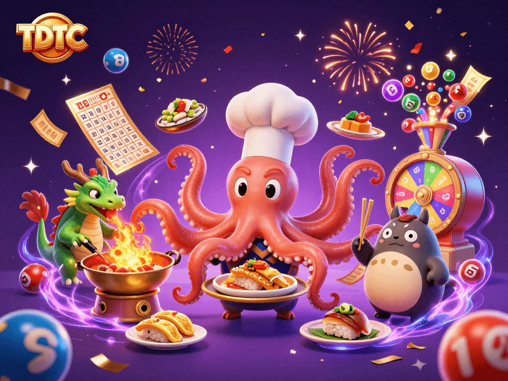 Engage with TDTC's vibrant lottery atmosphere featuring animated elements and joyful characters.