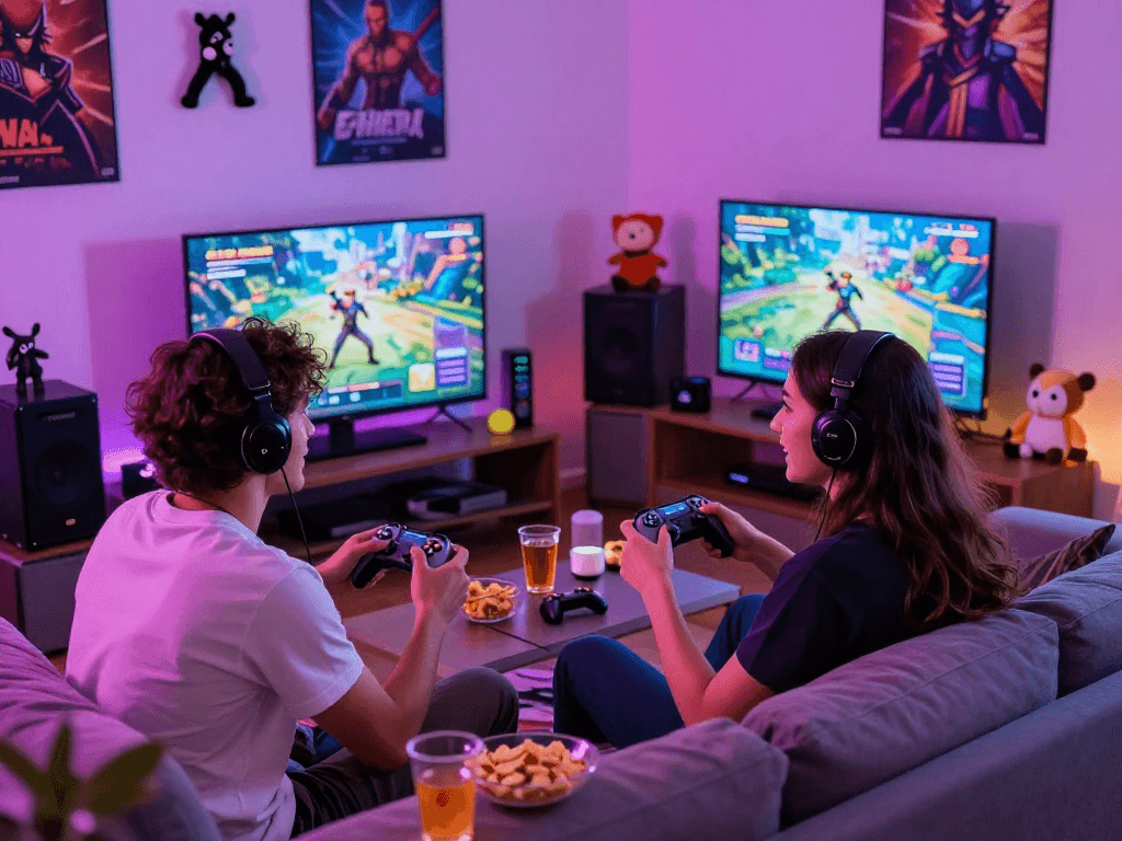 Friends enjoying online porn games in a cozy living room, showcasing vibrant gaming atmosphere.
