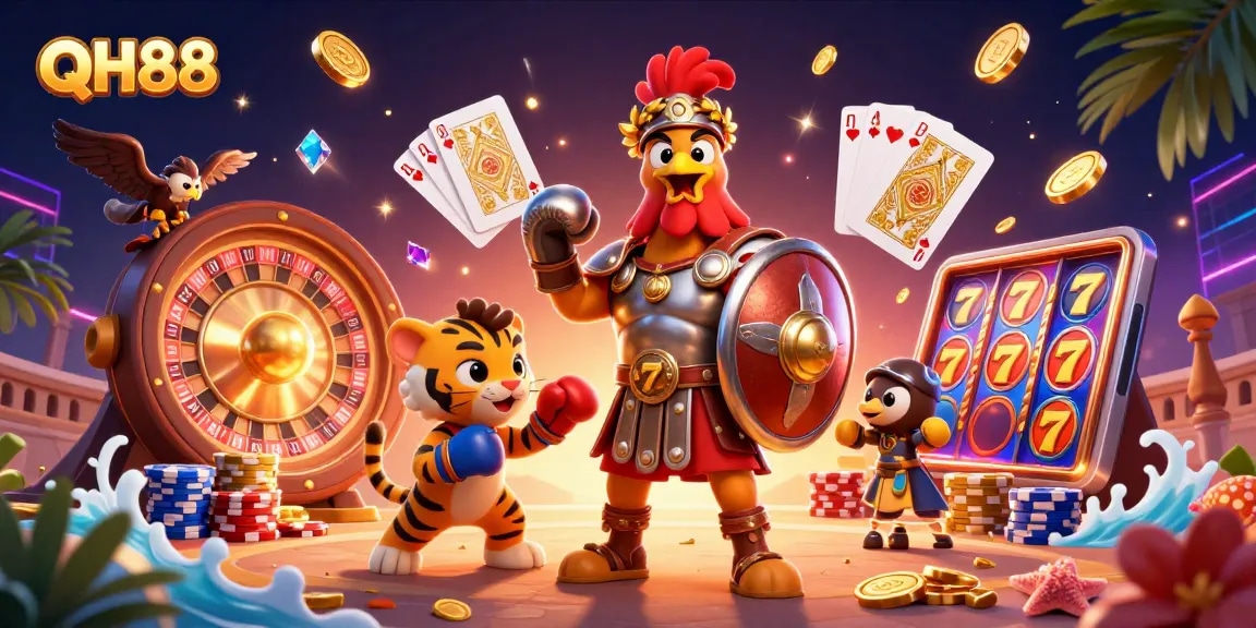 Bet on excitement at QH88 with a vibrant casino scene featuring characters and gaming elements.