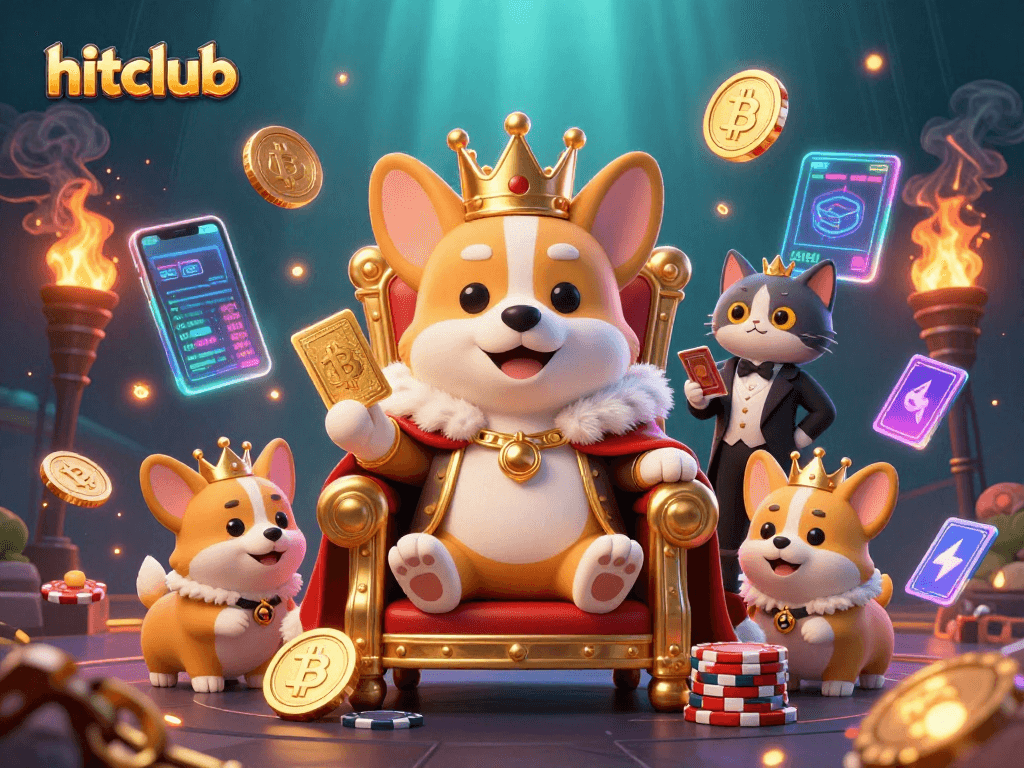 Hitclub captures excitement with a royal corgi on a poker chip throne, celebrating crypto gaming.