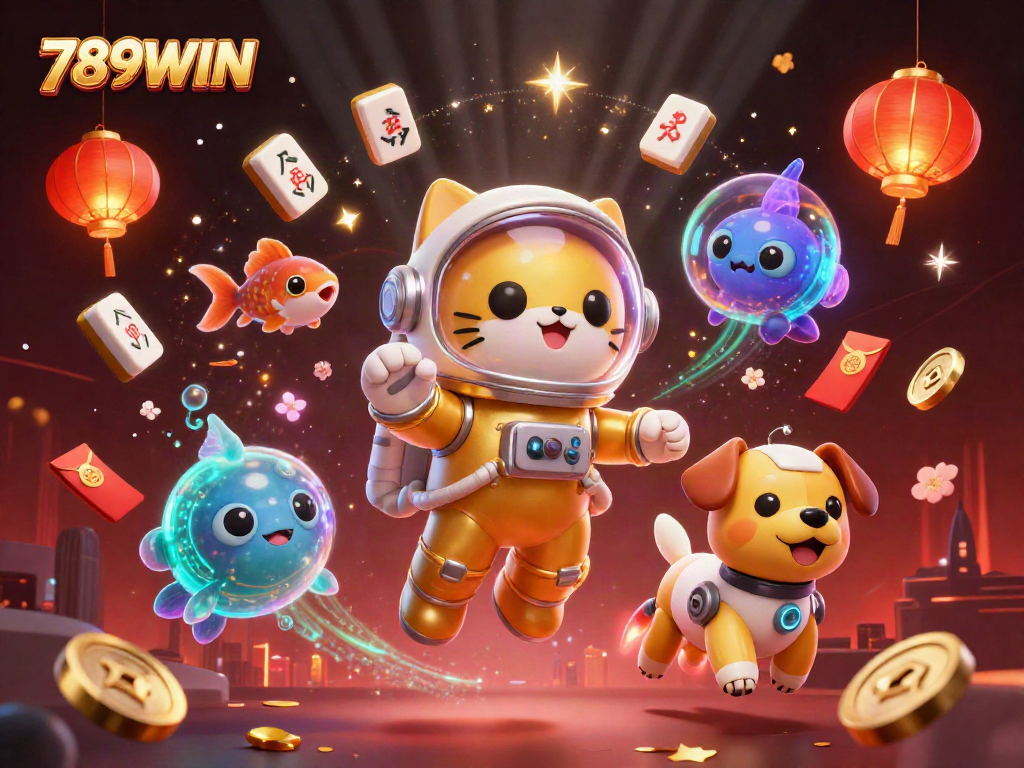 Experience thrilling games with 789WIN as the cartoon astronaut cat explores a vibrant cosmic casino universe.