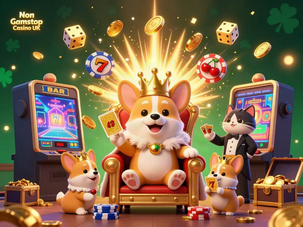 Experience vibrant gaming with royal corgi at Non Gamstop Casino UK, surrounded by jackpot symbols and golden coins.