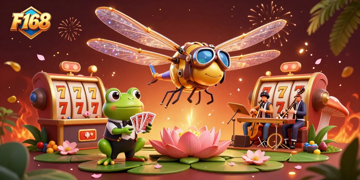 Experience thrilling gaming adventures at F168 with our vibrant casino scene featuring unique characters and slot reels.