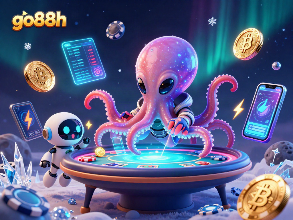 Experience thrilling gaming with go88h's alien octopus masterfully dealing poker amidst dazzling cryptocurrency elements.