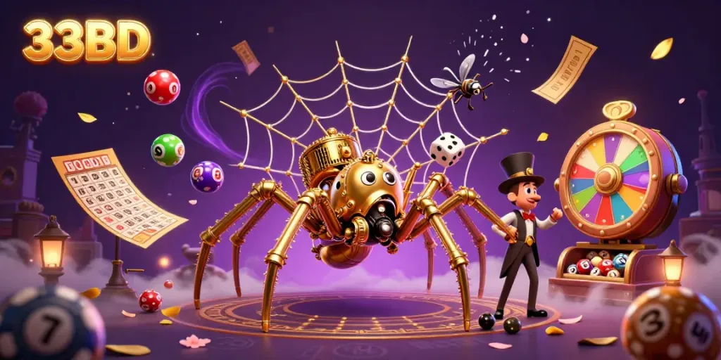 Experience the thrill of winning with 33BD's vibrant steampunk casino scene featuring a dynamic spider and amusing fly.