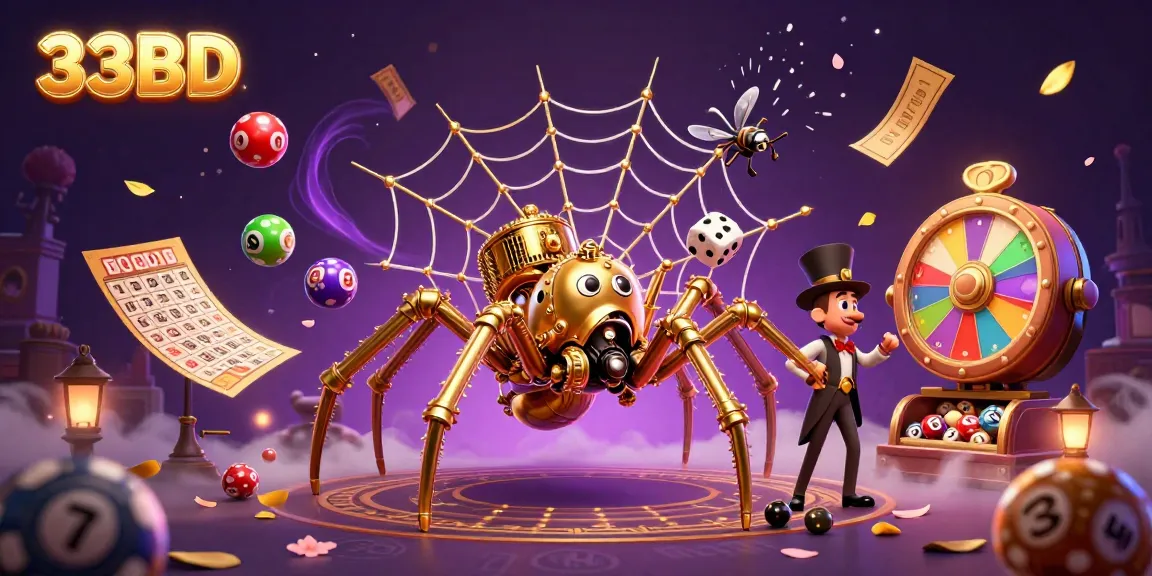 Experience the thrill of winning with 33BD's vibrant steampunk casino scene featuring a dynamic spider and amusing fly.