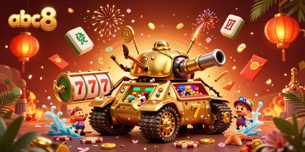 Engage with abc8 casino dynamics featuring a golden beetle tank unveiling miniature slot games amid colorful festive elements.