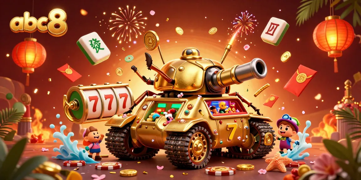 Engage with abc8 casino dynamics featuring a golden beetle tank unveiling miniature slot games amid colorful festive elements.