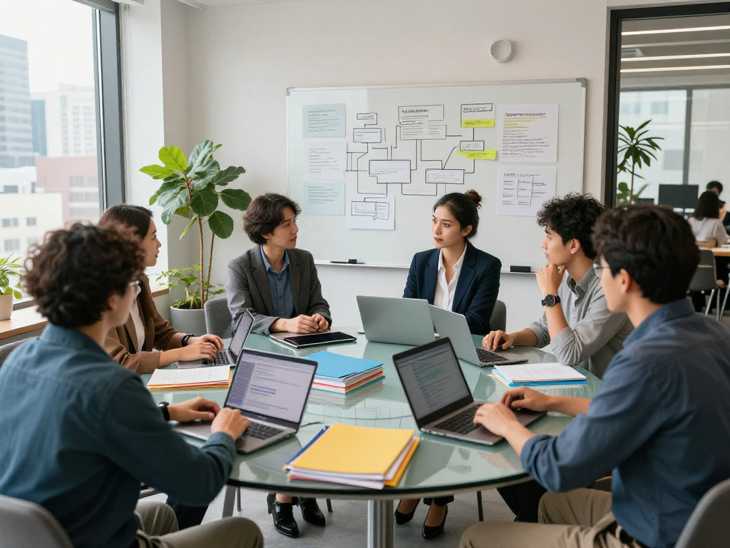 Team brainstorming with IDXSTAR in a modern co-working space, showcasing collaboration and innovation.