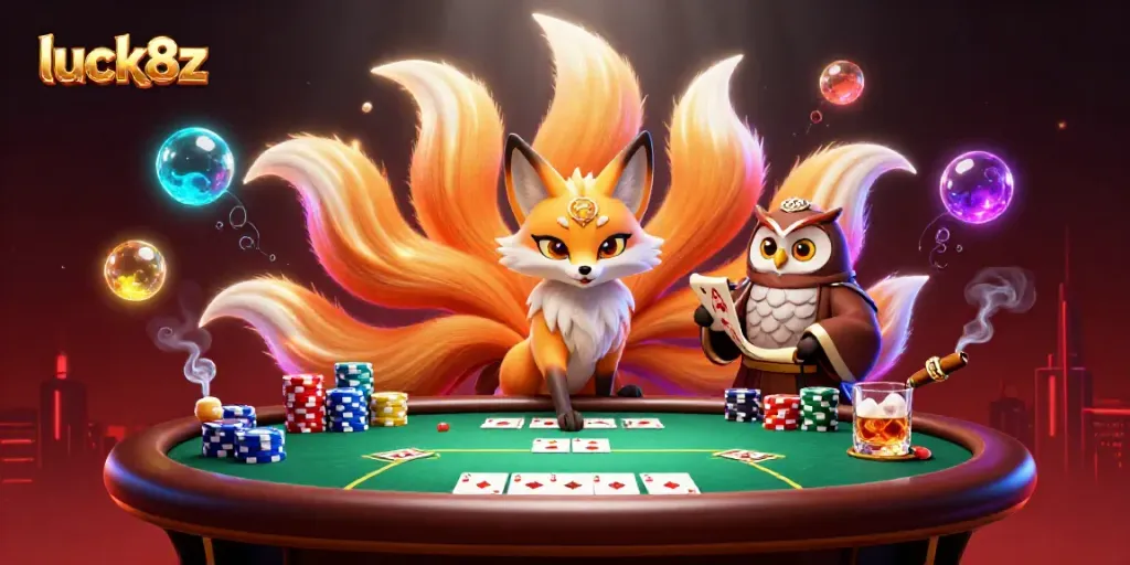 Experience thrilling poker action at luck8z with vibrant characters and casino elements in dynamic scene.