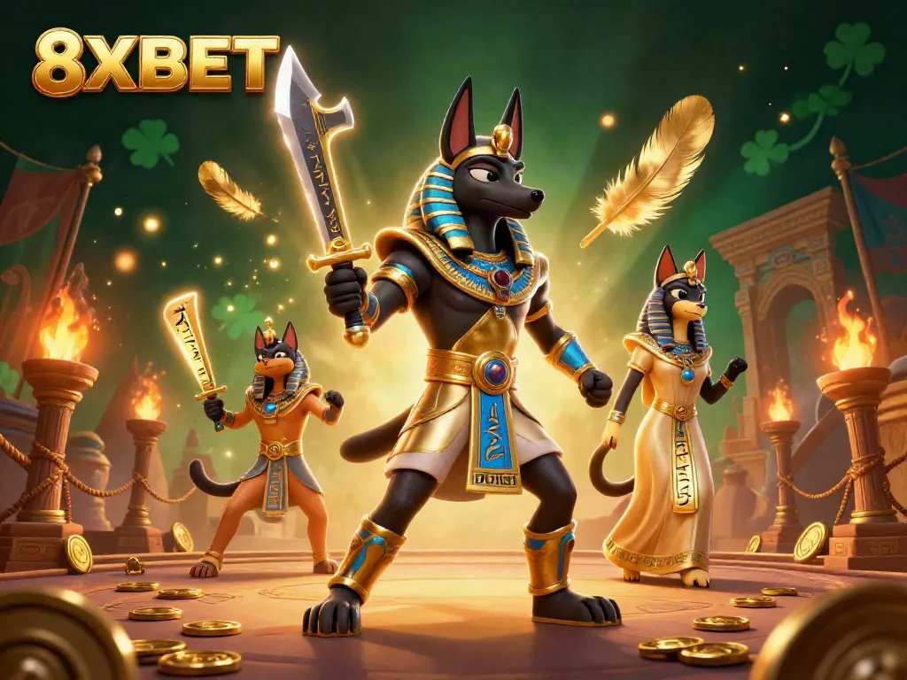 Experience immersive 8XBET gaming action with ancient characters, treasure, and dynamic casino elements.
