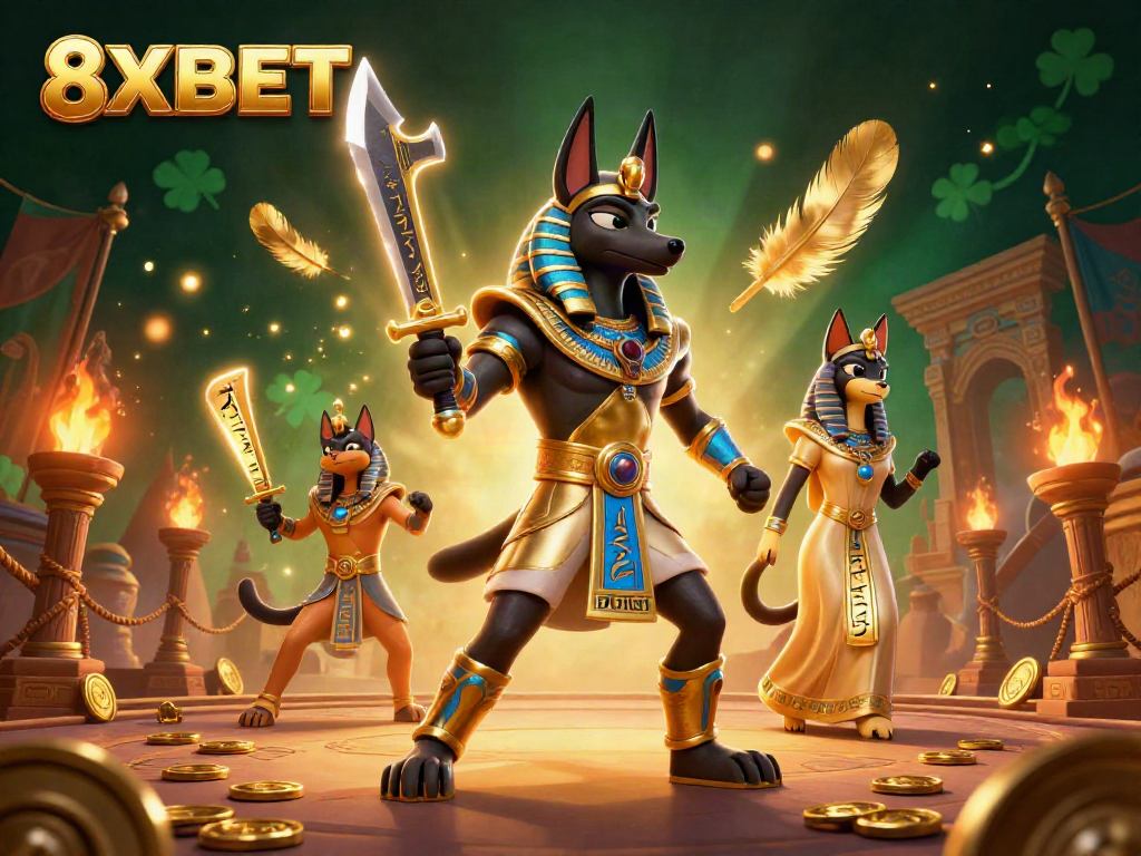 Experience immersive 8XBET gaming action with ancient characters, treasure, and dynamic casino elements.