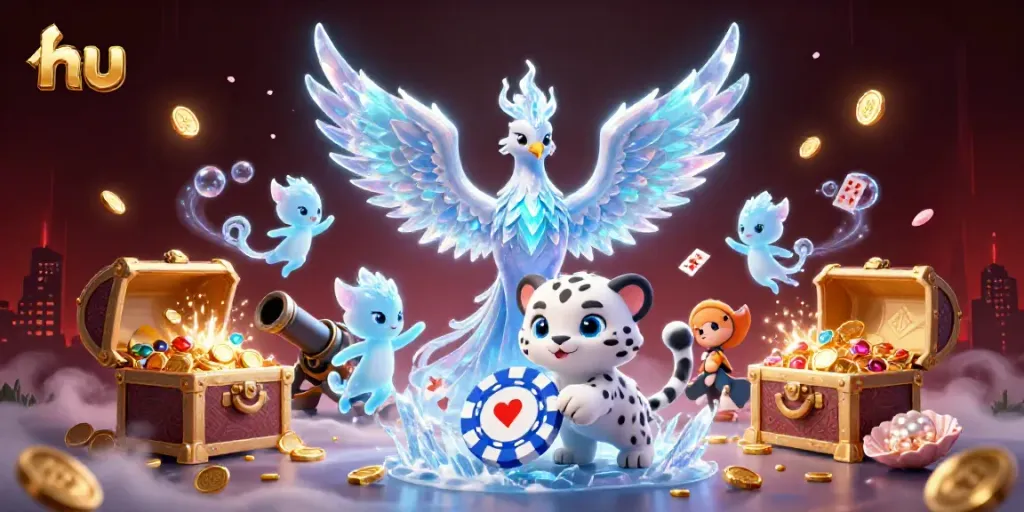 Engaging 3D illustration of ice phoenix and snow leopard in dynamic casino scene demonstrating hu.