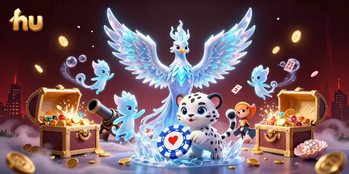Engaging 3D illustration of ice phoenix and snow leopard in dynamic casino scene demonstrating hu.