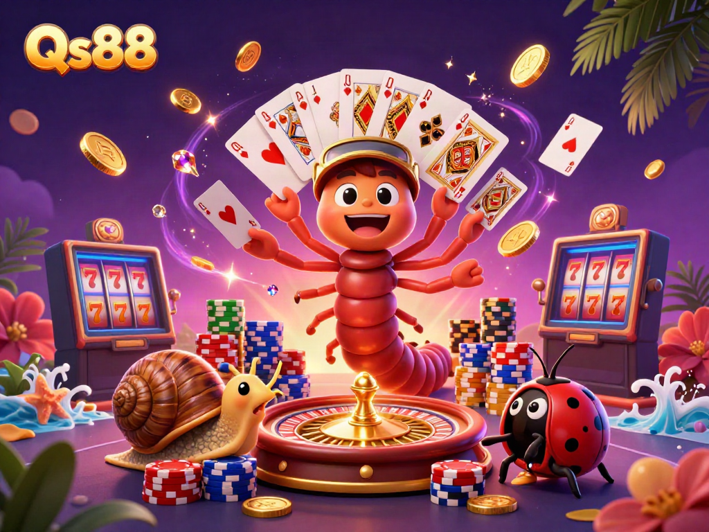 Join the fun with Qs88 as cartoon characters play cards and showcase dazzling casino elements.