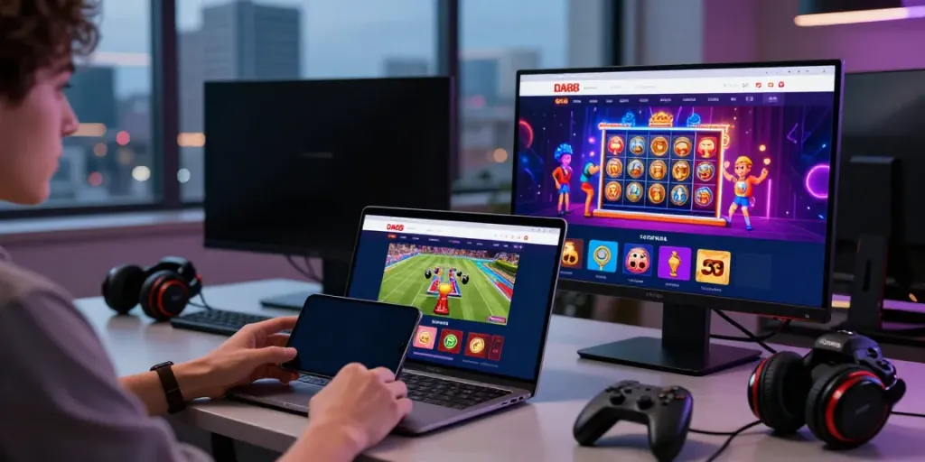 User engaged on DA88's online entertainment platform, showcasing sports betting and vibrant gaming environment.