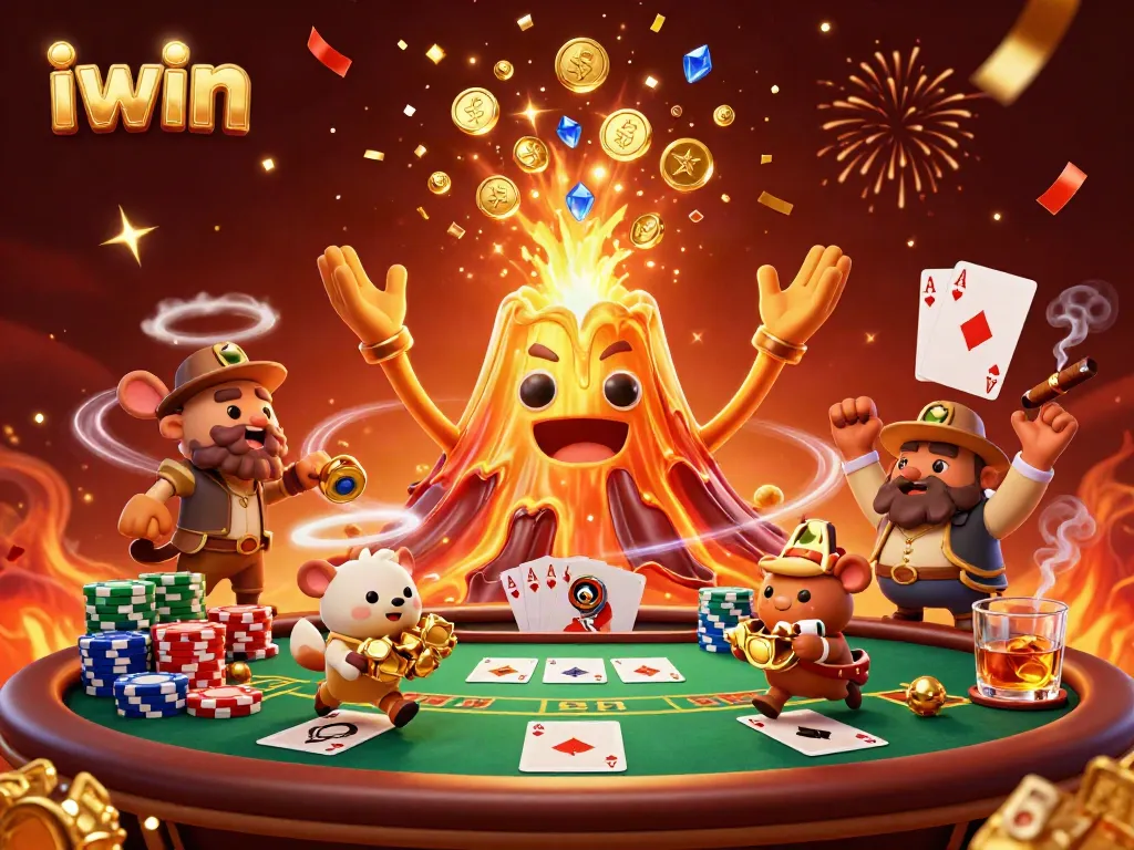 Experience iwin's thrilling casino adventure with a golden volcano erupting treasures.