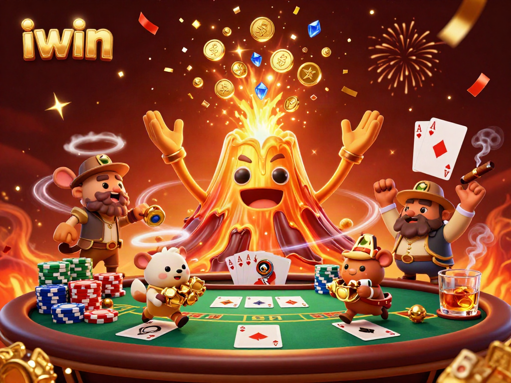 Experience iwin's thrilling casino adventure with a golden volcano erupting treasures.