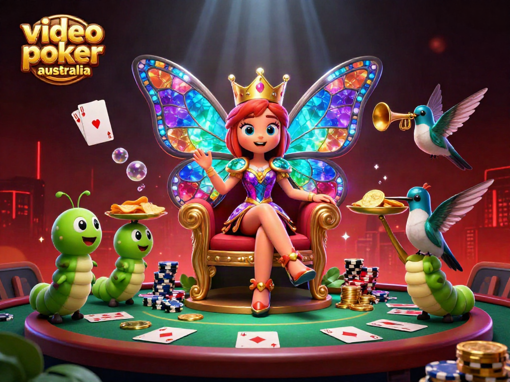 Experience video poker Australia in an engaging casino scene with vibrant characters and gaming elements.