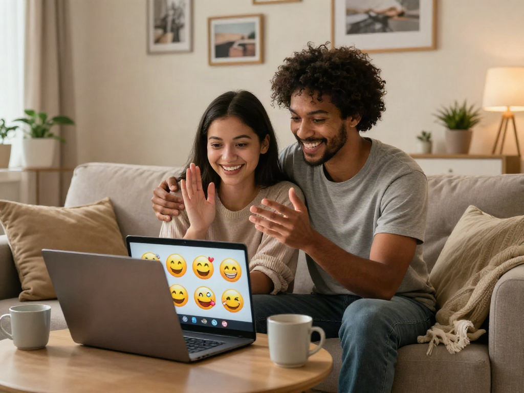 Engaging virtual chat between couples showcasing the intimate use of sex chat ai in a cozy home setting.