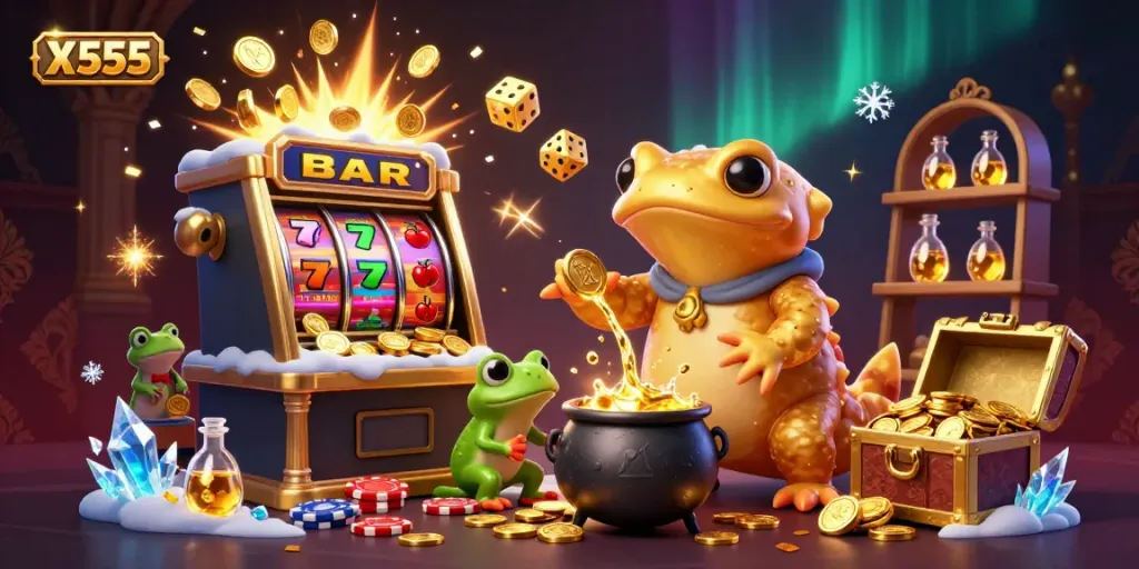 X555 game scene with golden salamander alchemist, dynamic slot machine jackpots, and vibrant casino elements.