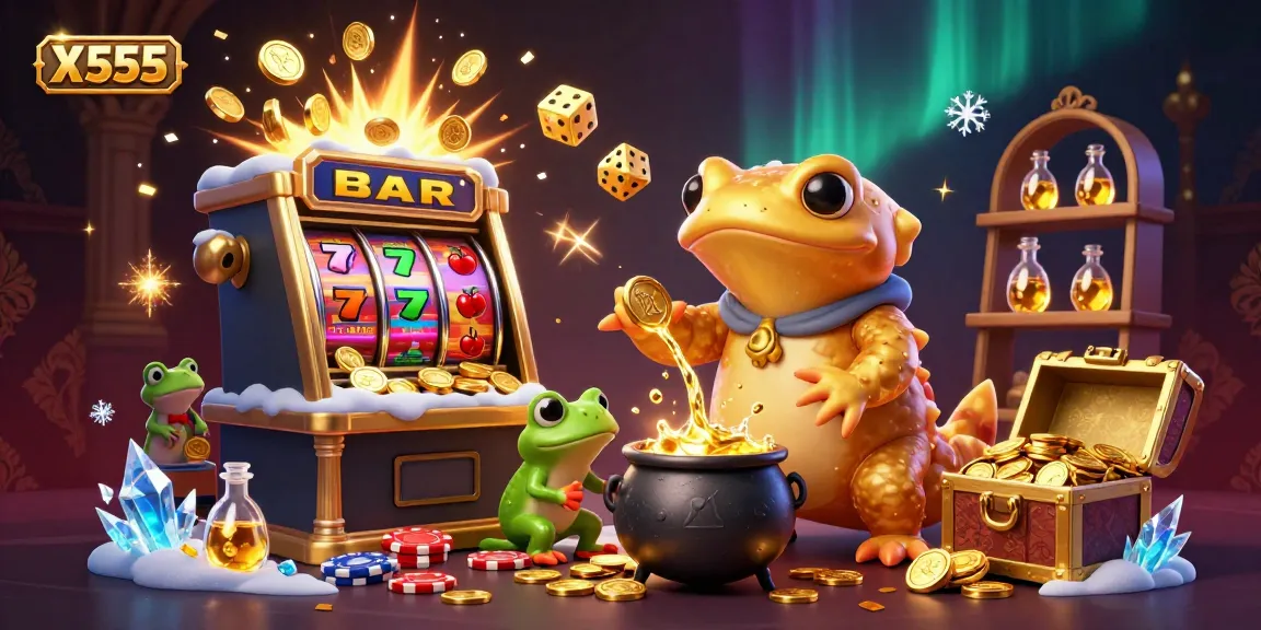 X555 game scene with golden salamander alchemist, dynamic slot machine jackpots, and vibrant casino elements.