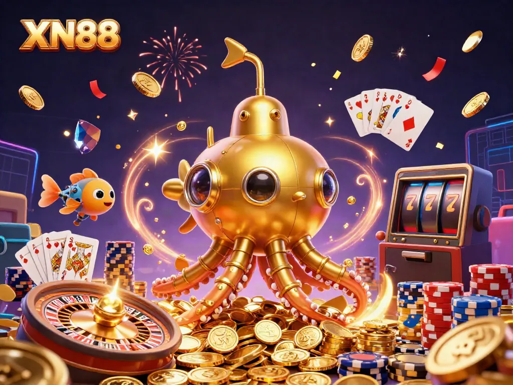 Join the fun at XN88 with a vibrant 3D casino illustration showcasing excitement, fortune, and gold coins!