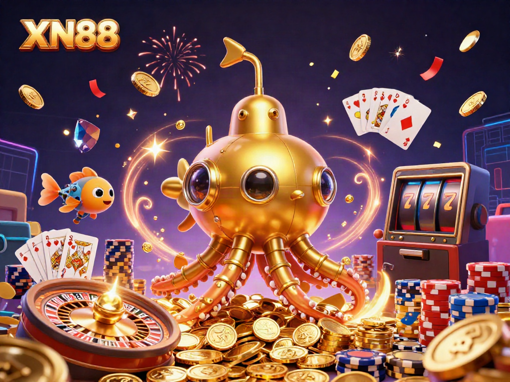 Join the fun at XN88 with a vibrant 3D casino illustration showcasing excitement, fortune, and gold coins!