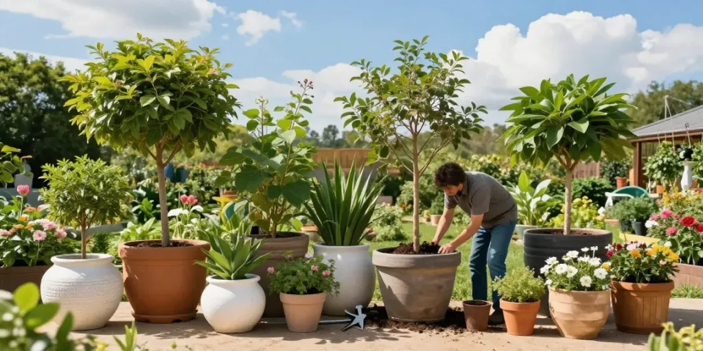 Large plant pots for trees being used by a gardener in a vibrant garden.