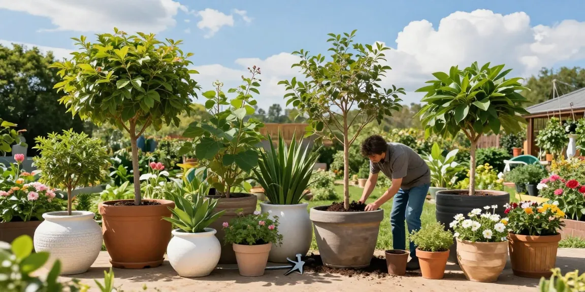 Large plant pots for trees being used by a gardener in a vibrant garden.