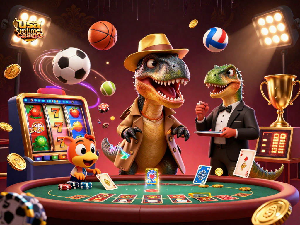 Engaging scene of usa online casinos as a velociraptor card counter sneaks at a blackjack table in a vibrant casino.