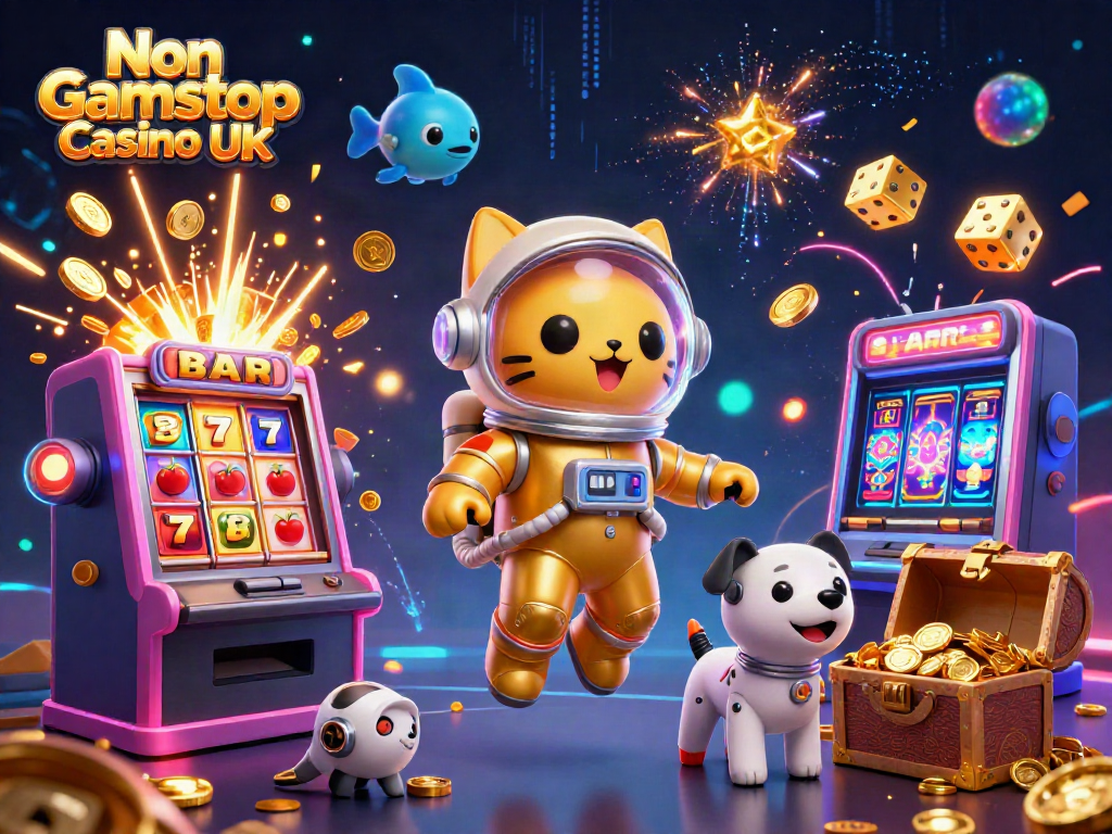 Engage in exciting games at Non Gamstop Casino UK with floating space characters surrounded by vibrant casino elements.