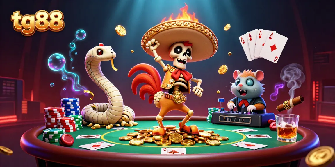 Celebrate gaming with tg88: A colorful casino scene featuring vibrant characters and poker elements.