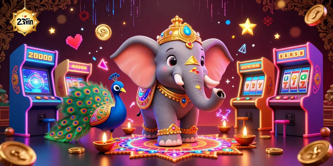 Experience the vibrant casino world of 23win with the dynamic gaming scene featuring lucky 7s and colorful game machines.
