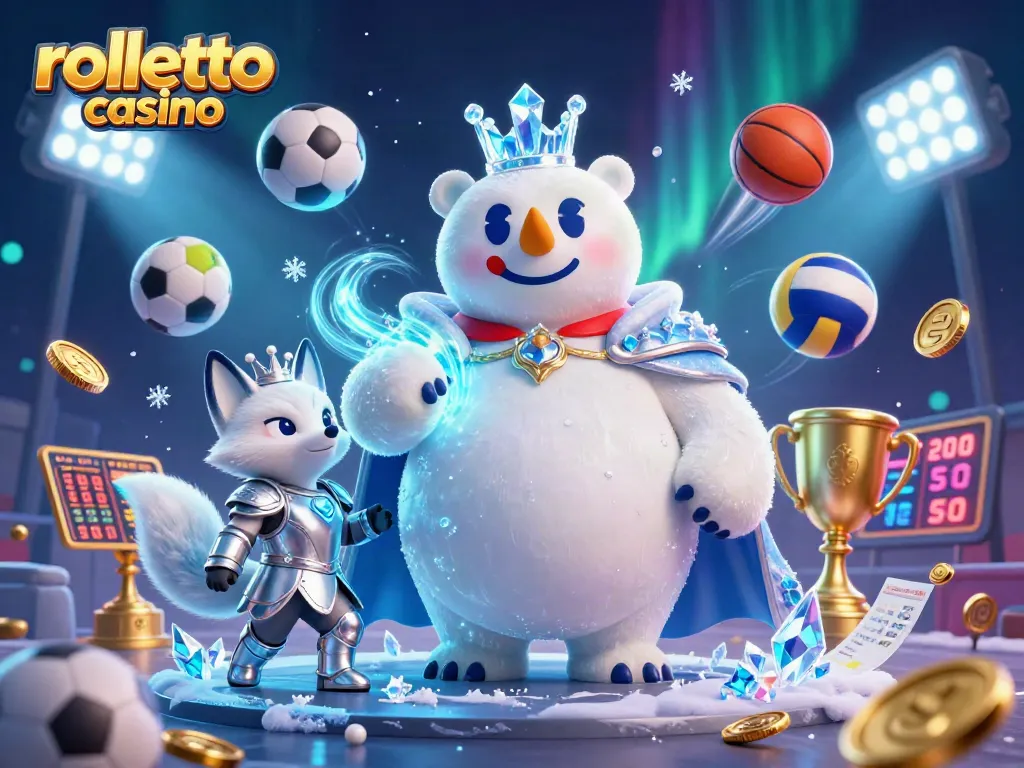 Play at Rolletto Casino with a vibrant scene featuring the ice king polar bear and snow fox, showcasing action-packed sports betting.
