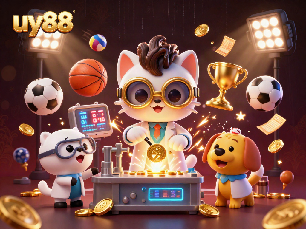 uy88 promotes exciting sports betting with a mad scientist cat and dog creating gold-coin magic