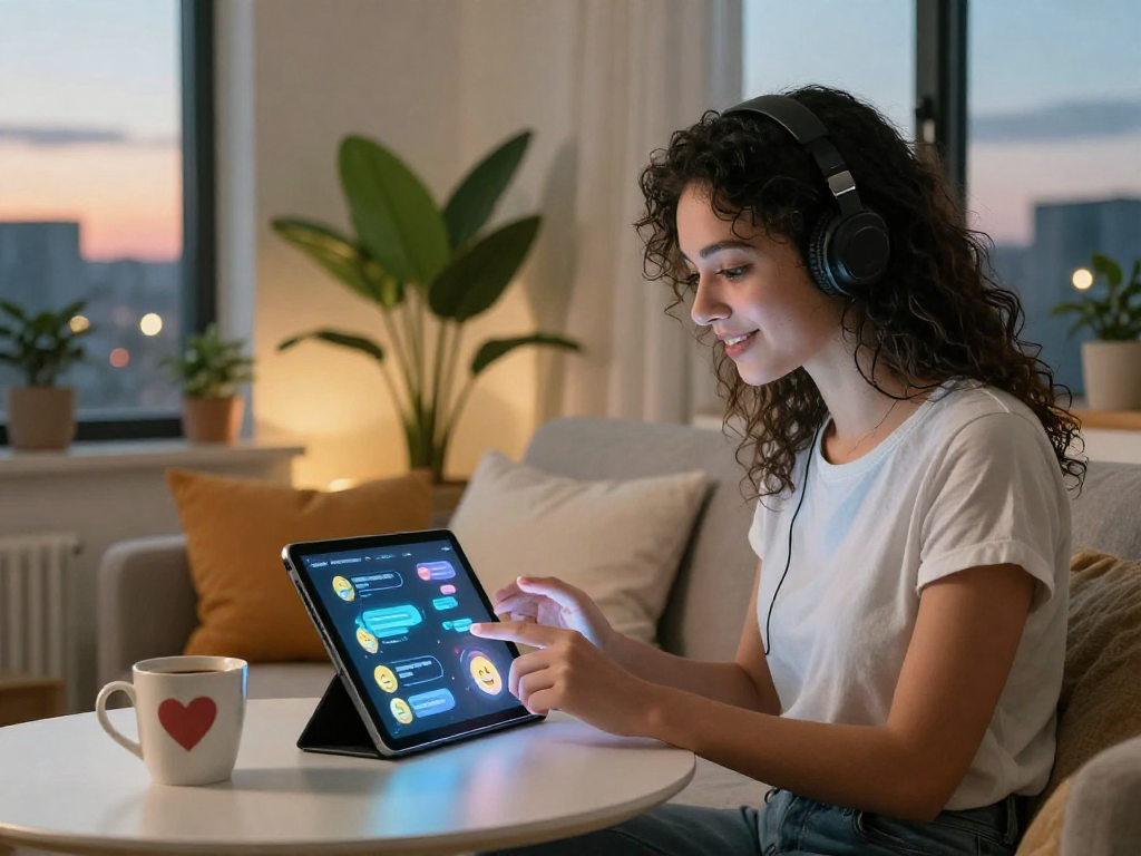 Interacting with an AI girlfriend on tablet in cozy apartment setting