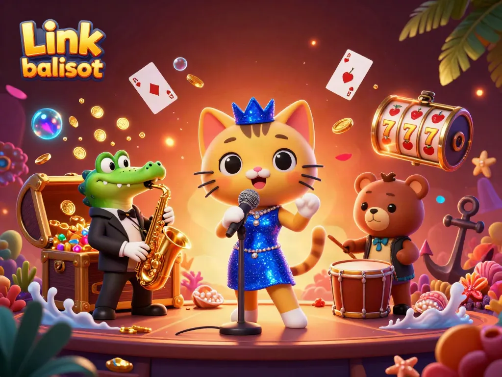 Experience the thrill of gaming at Link balislot with vibrant characters and casino excitement in a colorful scene.