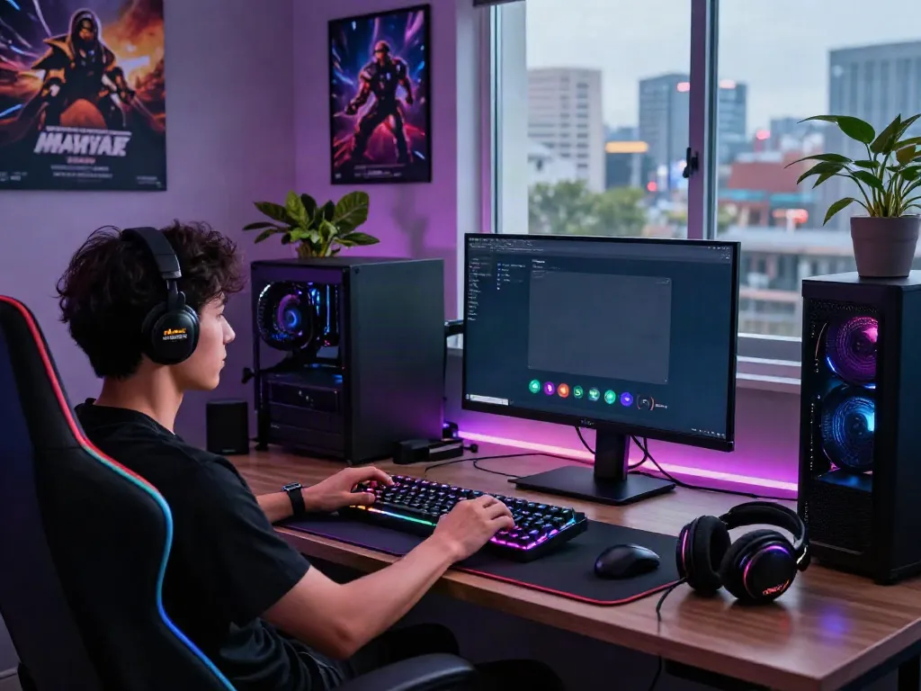 Gamer engaging with the 11bet platform in a vibrant gaming setup.