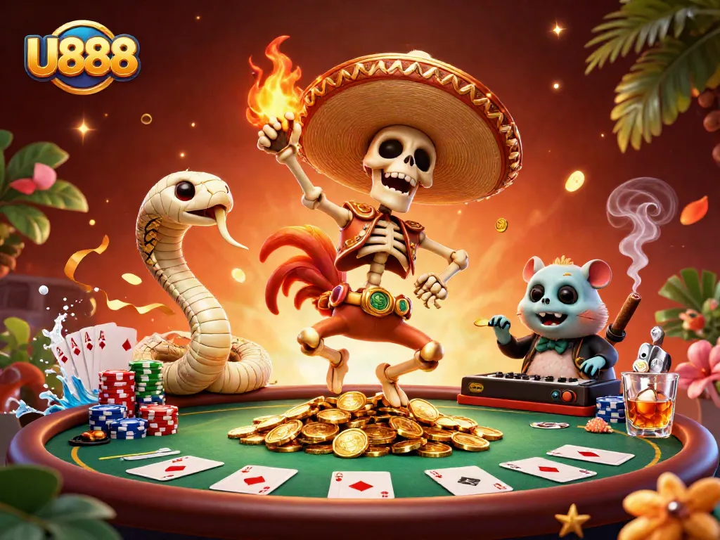 U888 features a festive scene with a cartoon skeleton mariachi on coins, surrounded by poker elements.