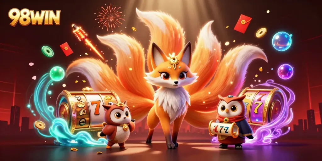 Experience the excitement of 98WIN through a vibrant 3D illustration featuring a magical fox and an owl among casino symbols.