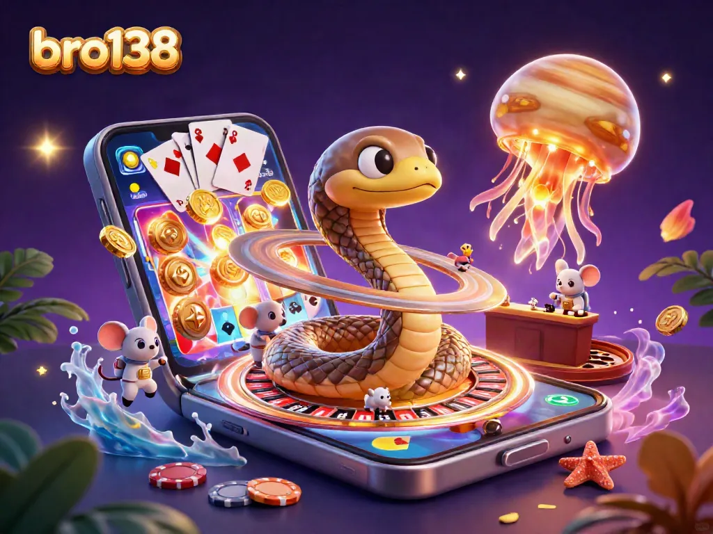 Place bets and spin the reels with bro138 in a vibrant cosmic casino scene.